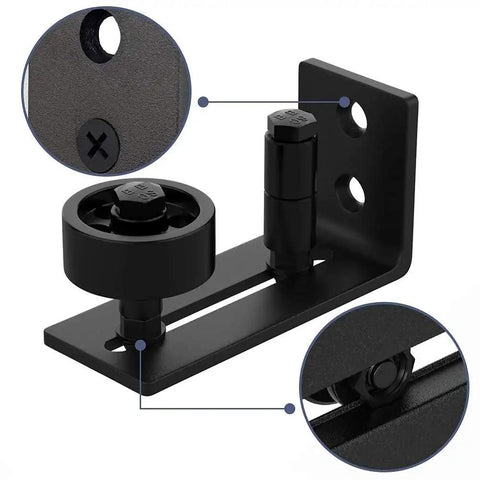 Sliding Barn Door Floor Guide And Wall Mounted Hardware with flush bottom adjustable stay rollers, black steel construction