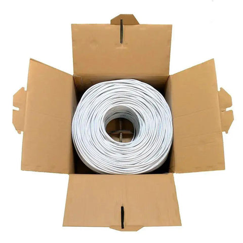 Cat6 Ethernet Cable 1000ft Bulk White, High Speed 550MHz UTP Cable, 23AWG CCA in pull box pack, top view of cable spool.