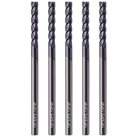 Pro Grade 5 Piece Solid Carbide Long End Mills AlTiN Coated 4 Flute 30 Degree Helix For Precision Milling Eighth Inch Cutting Diameter