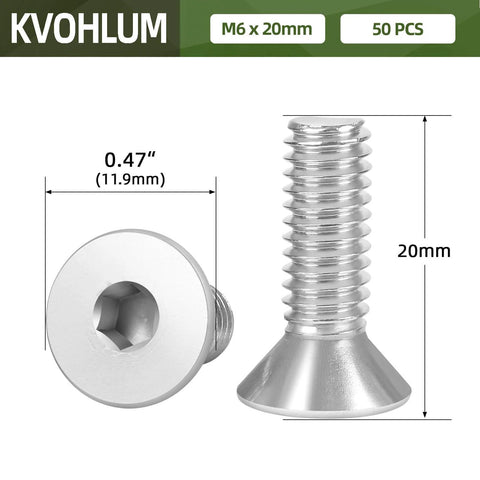 50 Pack M6 X 20mm Flat Head Socket Cap Screws Bolts Countersunk Allen Bolts Stainless Steel 304 Full Thread Bright Finish Screwdriver Included Rust Resistant DIY Hardware For Rock Solid Grip And Strength visible in side and top view with measurements