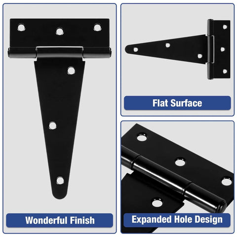 Six Inch T Strap Shed Door Hinges Heavy Duty 2 Pack with 270 Degree Rotation, matte black, flat surface with expanded hole design