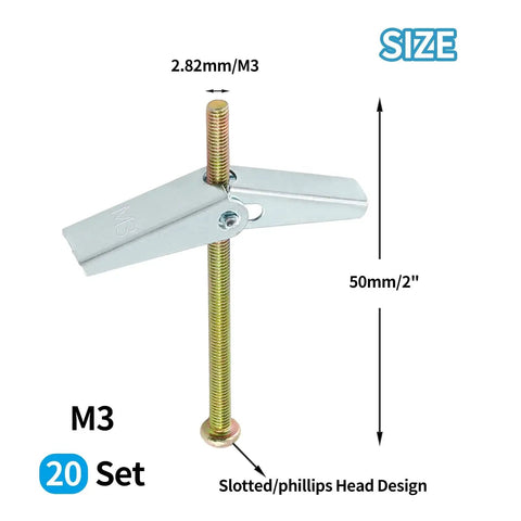 20 Pieces M3 Toggle Bolts And Wing Nuts Kit For Drywall Hanging Heavy Duty Wall Anchors And Screws Zinc Plated Carbon Steel