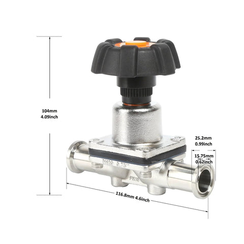 QiiMii SS316L tri-clamp mini diaphragm valve 3/4 in, EPDM/PTFE membrane, stainless steel body, clamp ports.