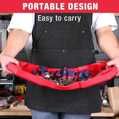 Man holding a red 5-Piece Non-Slip Tool Tray Set with Silicone Tool Mats and Magnetic Parts Trays loaded with tools