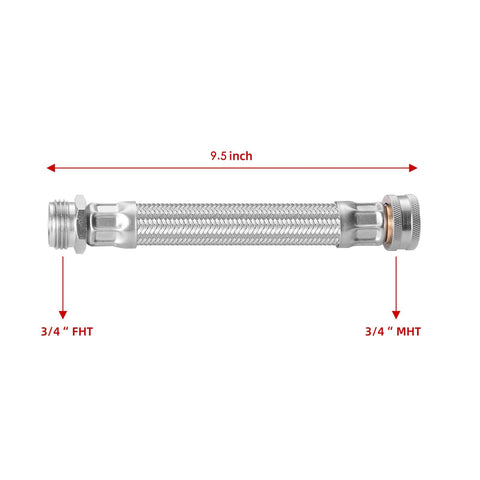 Stainless steel braided garden hose extension, 9.5 in, 3/4 FHT to 3/4 MHT fittings