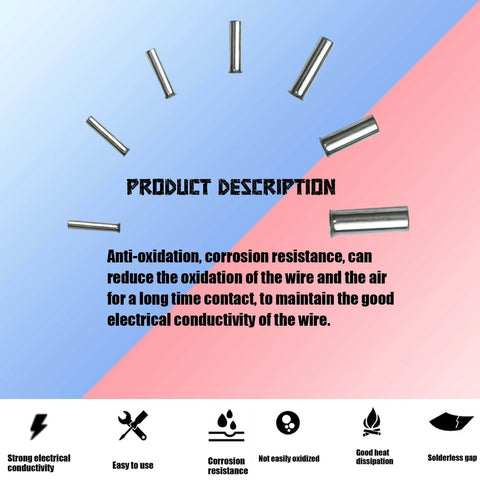 600 Pcs Wire Ferrules Kit In 7 Sizes Tinned Copper Crimp Connectors For 22 To 10 AWG Non Insulated Cable End Terminals shown in illustration