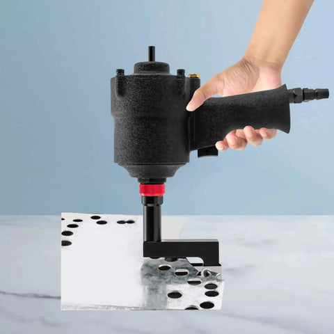 Industrial 8mm Air Hole Punch Tool for Metal Sheets, beefy aluminum alloy build, shown in use on metal sheet, pro grade pneumatic puncher.