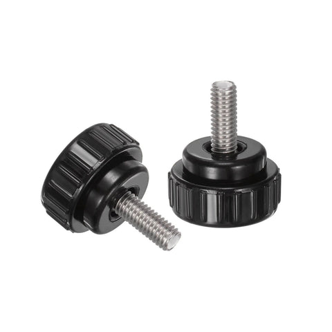 Close-up of 4 Pcs Knurled Clamping Knobs M6 X 16mm, 304 Stainless Steel Thumb Screws On Type With 25mm Plastic Round Head, Black Finish