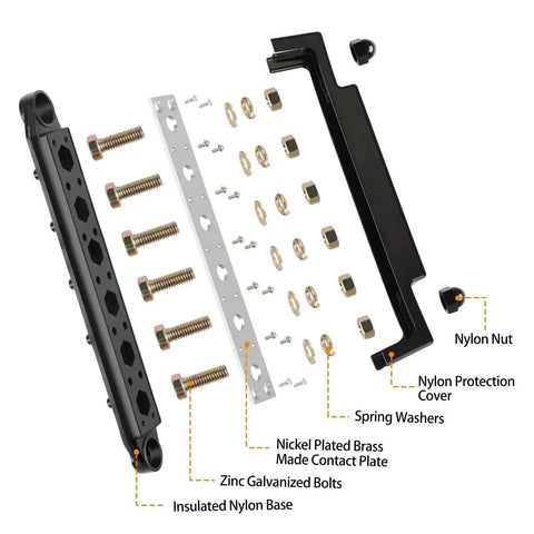 Exploded view of Power Distribution Block Bus Bar Kit with 6 3/8" posts, nickel-plated brass, nylon protection and base, screws shown
