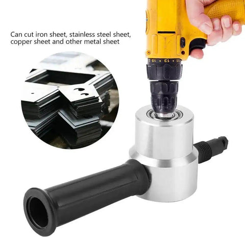 Beast Mode Double Headed Sheet Metal Nibbler Cutter Drill Attachment cutting metal with a yellow drill