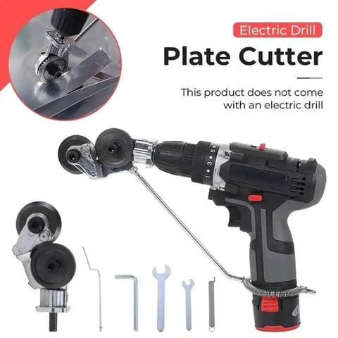 Electric Drill Metal Cutting Shears For Iron And Tin Plates No Hassle Labor Saving Retrofit Tool shown with accessories