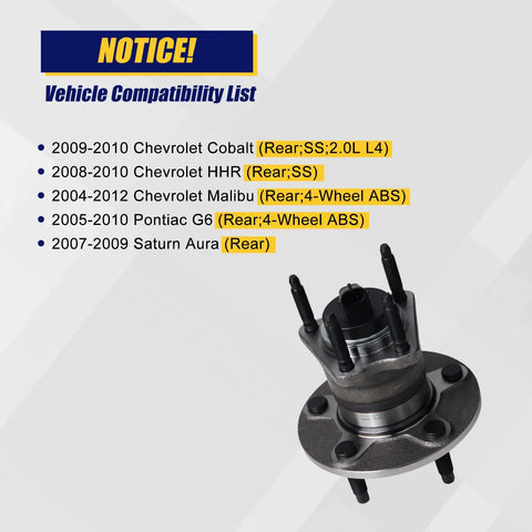 Rear Wheel Bearing And Hub Assembly For Chevy Cobalt HHR Malibu Pontiac G6 Saturn Aura 5 Lug With ABS Direct Fit