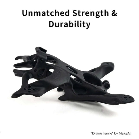 3D printed drone frame made from Fibreheart PPA-CF Carbon Fiber Nylon 3D Filament for heavy-duty strength and heat resistance.