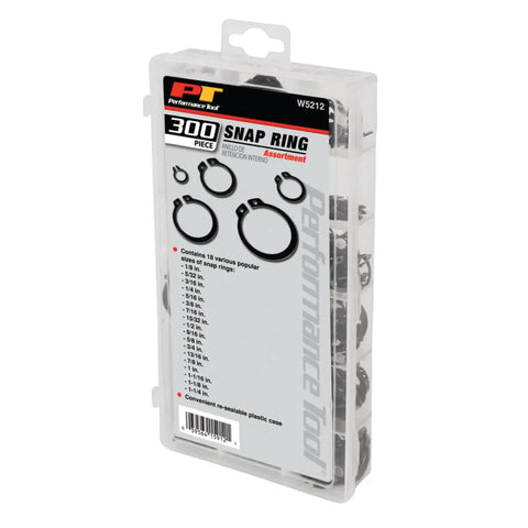 External Snap Ring Assortment Kit 300 Pieces With 18 Popular Sizes Re Sealable Storage Case shown in packaging
