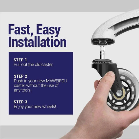 Step-by-step installation of Pack Of 5 Silent Caster Wheels For Office And Gaming Chairs, showing hand inserting caster.
