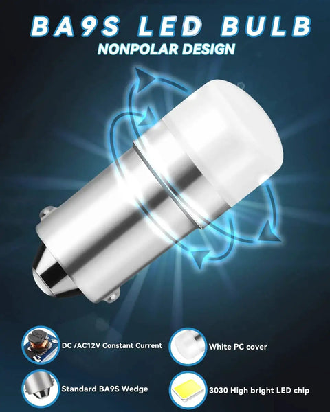 Close-up of BA9S LED Bulb 12V Bi Polar Replacement for car lights with white PC cover and high bright LED chip.