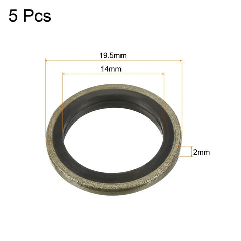 Heavy Duty Bonded Sealing Washer For M14 Bolts With Nitrile Rubber Gasket In 19.5x14x2mm Carbon Steel, Pack Of 5, MECCANIXITY