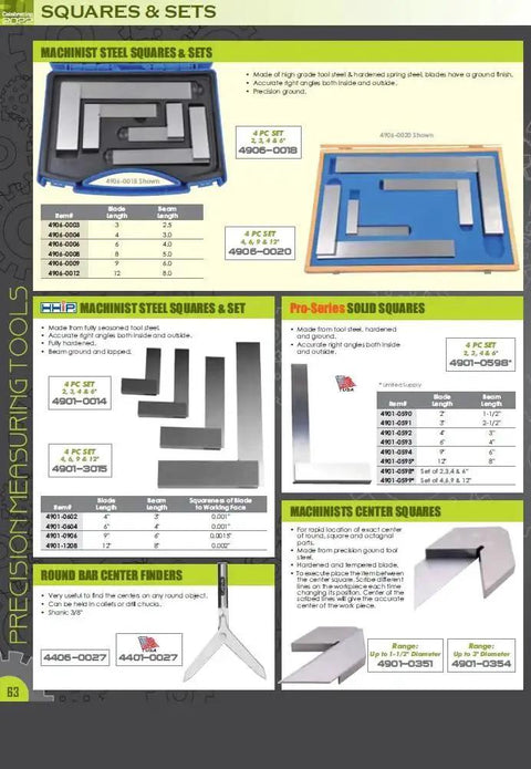 Catalog page showing various precision measuring squares and sets including steel and granite options for machining accuracy.