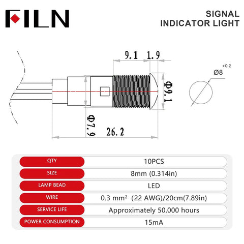 Technical diagram and specifications of 10 Pack 8mm LED Indicator Lights IP67 Waterproof Panel Mount 5V To 24V Low Power for Car Truck Boat Marine Dash Red Green Yellow Blue White 2 Each Color.