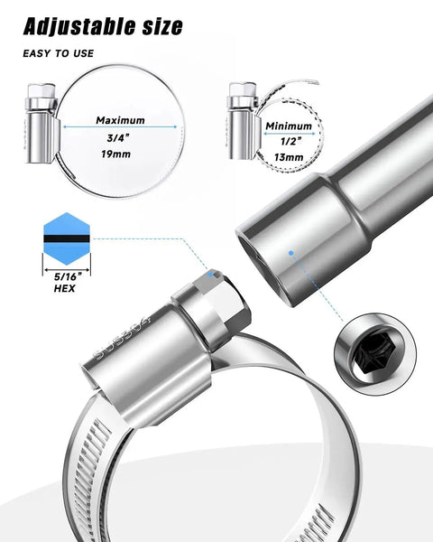 Image showing adjustable Heavy Duty 120Pc Hose Clamp Set With 304 Stainless Steel Worm Gear Drive Clamps, universal 5/16 to 2 inch range.