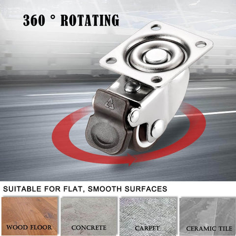 Small Caster Wheels 1" - Low Profile Swivel Casters Set of 4, Quiet Rolling Rubber Plate Wheels for Small Furniture, 2 with Brakes & 2 Without