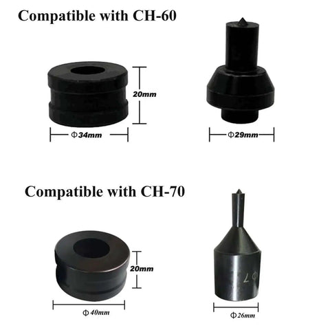 Hydraulic Round Hole Punch Die Set For CH70 And CH60 Machines, CH-60 and CH-70 compatible dies, dimensions and design visible