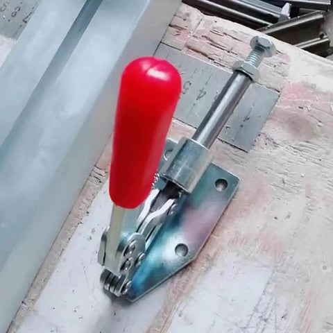 Adjustable Toggle Clamp Beefy Heavy Duty Push Pull Action Quick Release With 180 Kg Capacity, mounted on a wooden surface