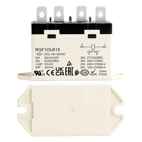 Industrial Beefy 30A General Purpose Relay, 120V AC Coil, SPST-NO, 4-Pin, UL CE TUV RoHS Certified, double-break contacts.