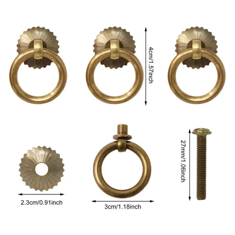 Vintage Style Antique Bronze Brass Drawer Ring Pulls Set Of 6 With Screws, showing dimensions and details.