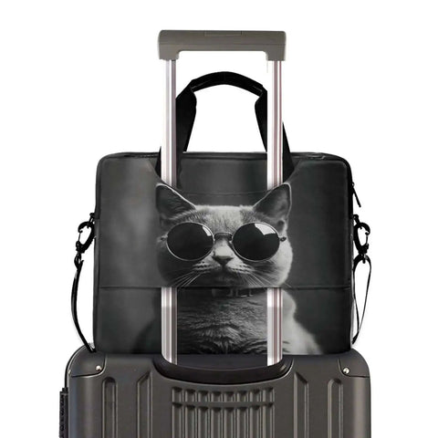 Gray Cat With Sunglasses Laptop Bag For 14 To 16 Inch Notebooks on suitcase handle, water-resistant briefcase, durable 290D polyester