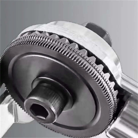 Close-up of sheet metal cutting nibbler attachment for drills, showing gears and cutting mechanism for Pro Grade Drill Nibbler Tool.