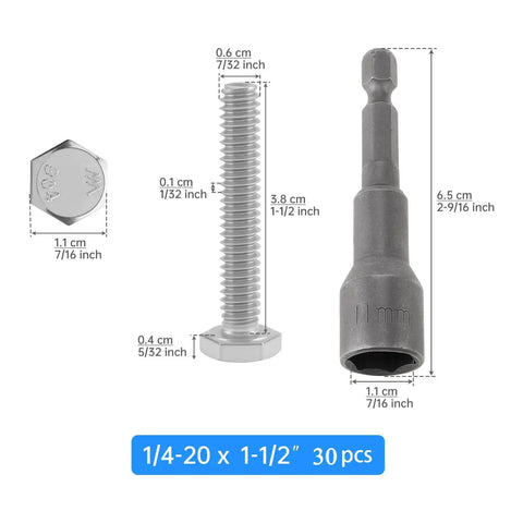 Heavy Duty 1/4-20 X 1-1/2 Inch Hex Head Bolts Set With Magnetic Nut Driver, 304 Stainless Steel Machine Screws, 30 Pieces, External Hex