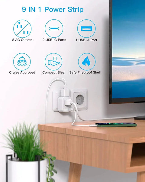 5 In 1 European Travel Plug Adapter With 2 Outlets And 3 USB Ports Type C installed on a wall socket with devices charging