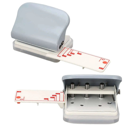 Open and closed view of 3 Hole Puncher For Loose Leaf Paper Portable Handheld Punch With Metal Build And Positioning Ruler 5 Sheet Capacity
