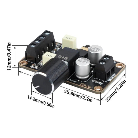 Compact 5W Per Channel 5W Plus 5W PAM8406 Stereo Audio Amplifier Board For 5V Supply with knobs and capacitors visible
