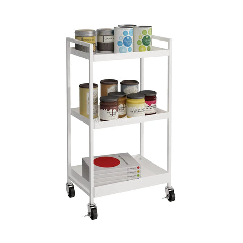3-Tier Metal Utility Rolling Cart With Lockable Casters For Kitchen Office And Bathroom Storage White with jars and books displayed on shelves