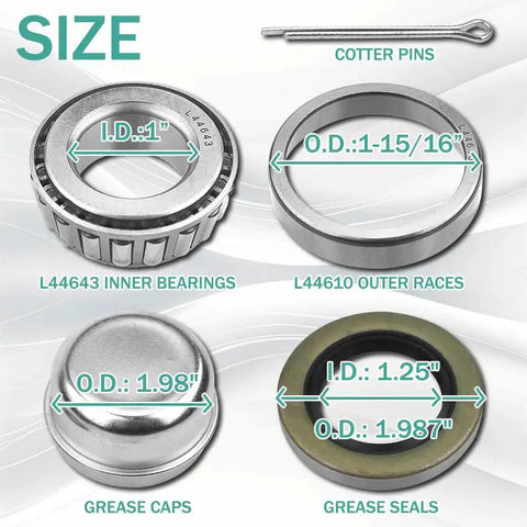Trailer Bearing Kit For 2000lb Trailers With L44643 L44610 Inner Bearings 1.98 Inch Grease Cap Seals Cotter Pins And 2 Sets