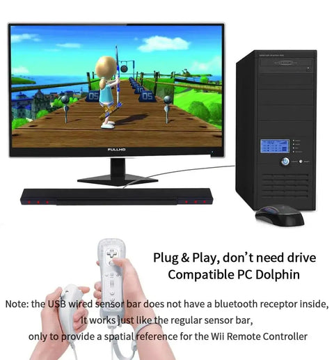 USB Wired Infrared Sensor Bar for Nintendo Wii and Wii U with Stand, black; enhances motion tracking in PC Dolphin Emulator for gaming.