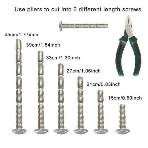 Diagram of pliers and screws showing 6 length options, 45cm to 15cm, for Semicircle Sunflower Cabinet Pulls In Brushed Gold Finish 6 Pack Durable Zinc Alloy Drawer Handles Knobs For Kitchen And Bathroom Cabinets Half Round Design With Screws Finger Edge Pulls 2.5 Inch Hole Center Elegant Warm High Quality.