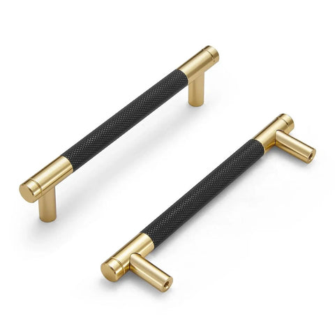 10 Pack Gold And Black 3 3/4 Inch Brass Round Knurled Pattern Drawer Pulls Cabinet Handles, front view