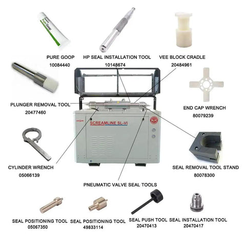 Hydraulic ram piston tools and accessories for SL-VI 50 HP water jet cutting machine, labeled with product names and codes.