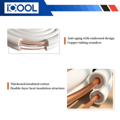 ICOOL 50 ft mini split line set; copper tubing with thickened white insulation, close-up view