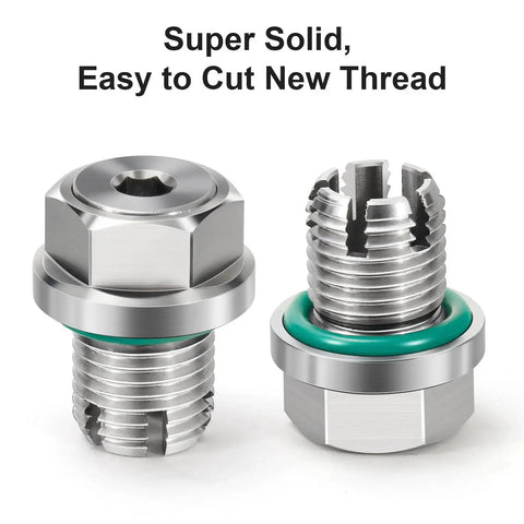 Two stainless steel oil drain plugs (M16.1-1.5x15mm) with green O-rings for self-tapping oil pan thread repair