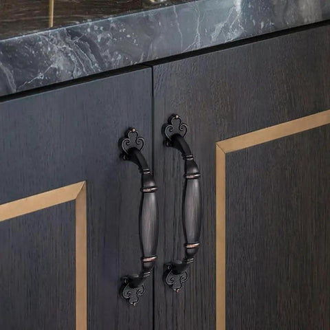 Oil Rubbed Bronze Vintage Cabinet Hardware Pulls 5 Inch 128mm Screw Spacing Set installed on kitchen cupboard doors