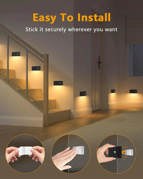 Motion Sensor Night Lights 4 Pack Wireless Indoor Lighting For Stairways Hallways Kitchens Closets Cabinets And Bedrooms And Kids Rooms With Built In Rechargeable Batteries No Fuss Setup And A 3 In 1 Charging Cable Energy Efficient And Easy To Install, shown installed on a staircase with close-ups of magnetic mounting.