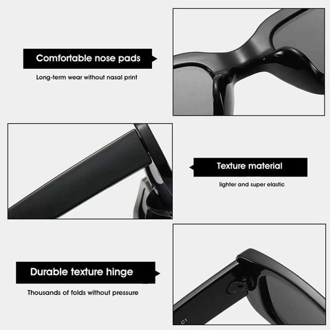 Close-up of Retro Rectangle Sunglasses For Women Narrow Square Frame Driving Style UV400 Protection Black And Leopard Vintage 90s Fashion Glasses Lightweight Plastic Frame showing nose pads and hinge.