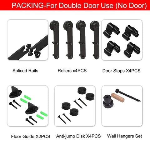Built To Last Sliding Barn Door Hardware Kit For Double Doors With Bypass Track components including rollers, rails, stops.