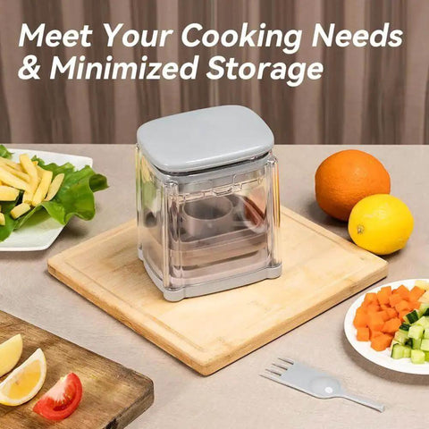 3 In 1 French Fry Cutter And Veggie Dicer For Potatoes Onions Cucumbers Tomatoes Zucchini Carrots And Citrus Fruits With Stainless Steel Blades For Uniform Fries Slices And Dices Fast Badelite displayed on a wooden board with diced vegetables and fruits around it.