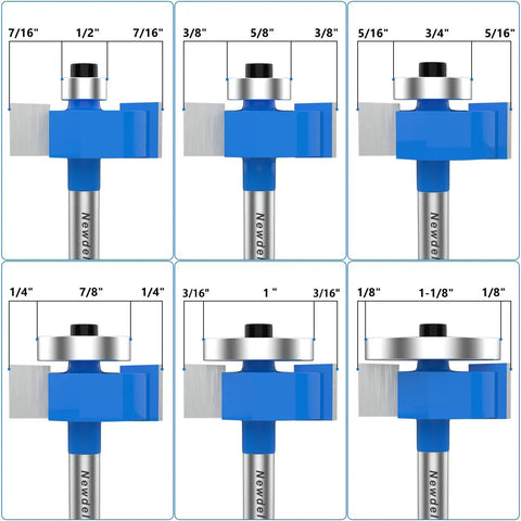 Rabbet Router Bit Set With One Quarter Inch Shank Includes Four Cutting Heights And Six Interchangeable Bearings For Depths In Easy To Use Woodworking Kit Built With YG8 Carbide Blade For Precise Rabeting And Biscuit Slot Cutting, front view.