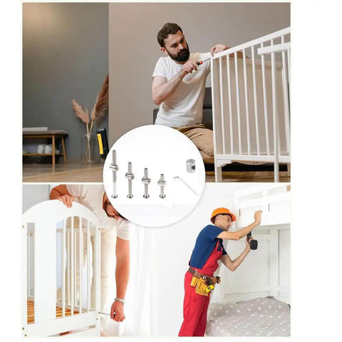 Must Have DIY Crib Hardware Replacement Kit For Delta Graco Dream Baby Beds With M6 Hex Drive Bolts And Barrel Nuts 40 50 60 70 80 Mm Includes Nuts And Wrench 25 Sets Silver in use, showing installation on baby beds with people fastening bolts.